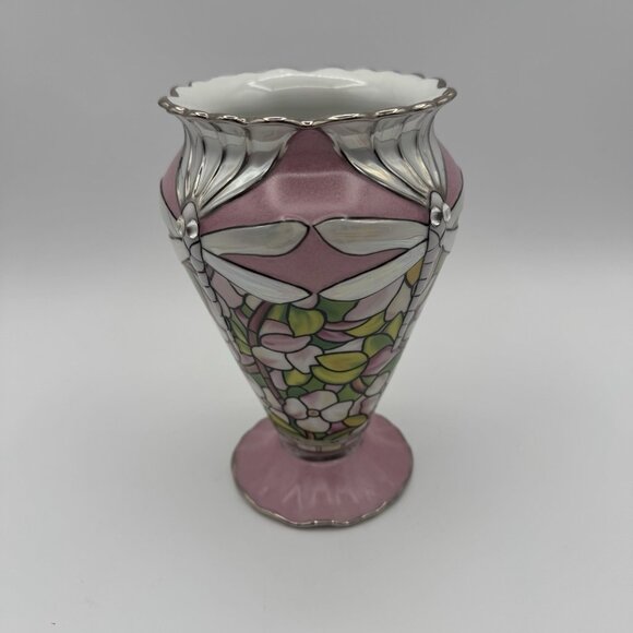 VTG Louis Tiffany Bradford Exchange Glittering Dragonflies Porcelain Vase Pink - Picture 2 of 9